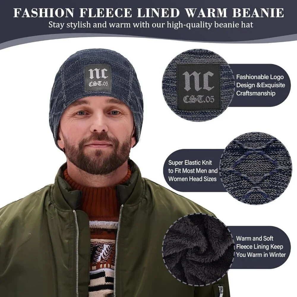 Men's Blue Winter Warm Knit Thick Fleece Lined Skull Beanie Hat Scarf Set